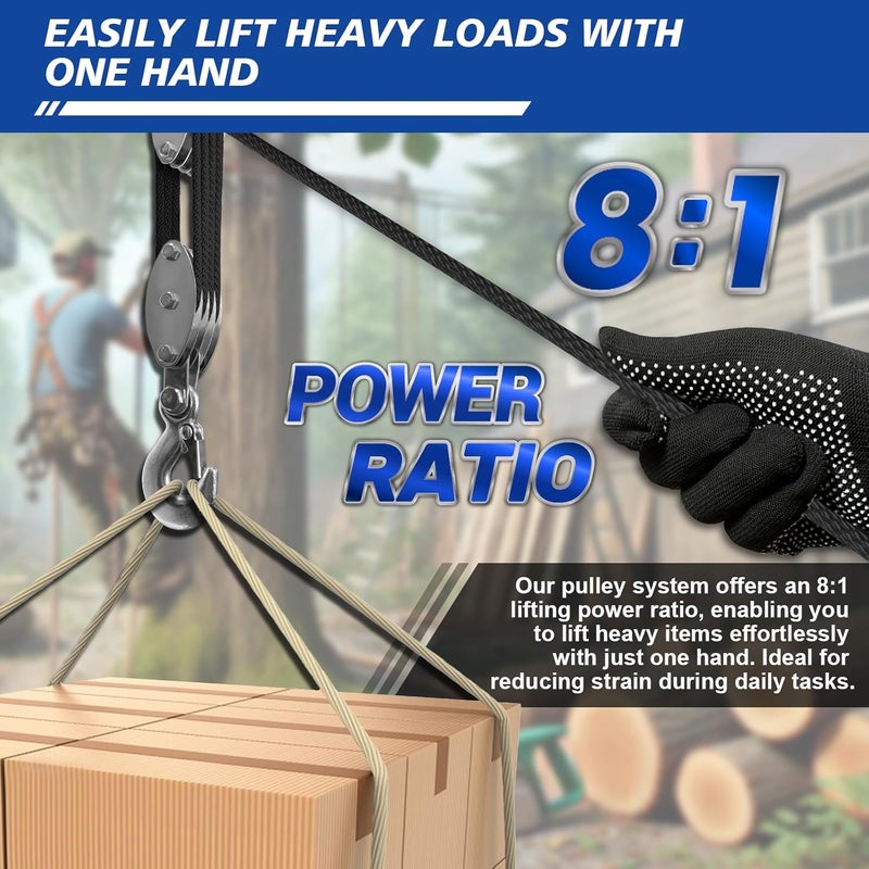 SALIFTFE Block and Tackle Pulley System, Upgraded 4-Wheel Rope Pulley Hoist, 8:1 Lifting Power, 2200LB Work Load with 65Ft of 1/4" Rope, Ultra-Compact Rope Hoist for Garage, Hunting, and Heavy Lifting - Image 2